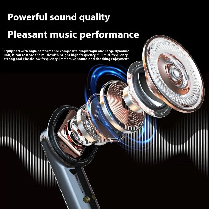 Translucent in-ear Bluetooth headset in clear, transparent black or transparent red, ABS body, V5.3, 300mAh battery.