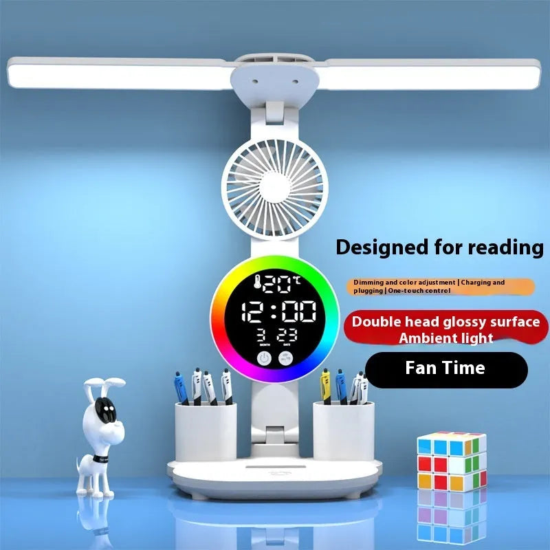 LED student desk lamp with double-headed light, clock and fan options, USB powered, modern simplicity style