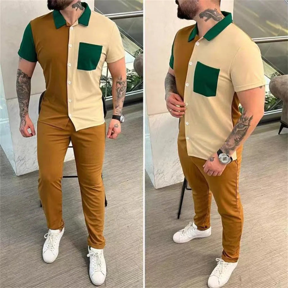 Men's colour-matching short-sleeved shirt and trousers casual sports suit in green, white, red, and wheat colour options