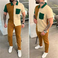 Men's colour-matching short-sleeved shirt and trousers casual sports suit in green, white, red, and wheat colour options