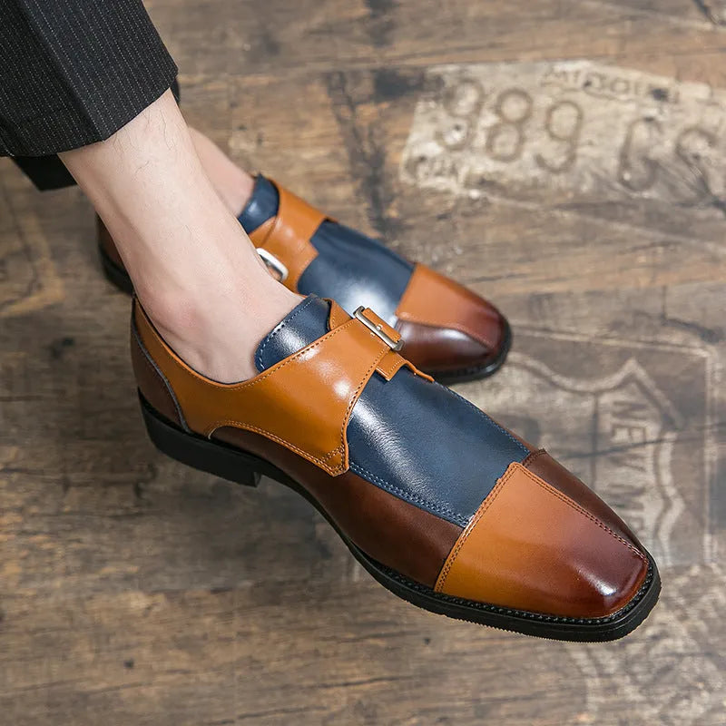 Men's brown blue British style casual shoes with buckle closure and tall crown upper
