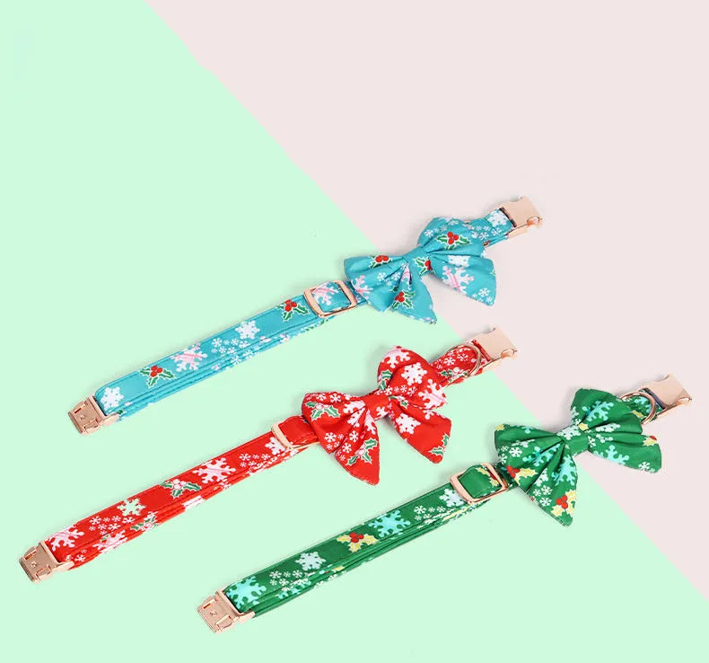 Pure cotton dog necklace with removable red bow tie on a light background showing size options