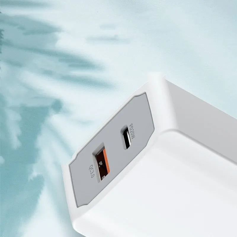 White universal phone fast charger set with compact fireproof charging head and cable.
