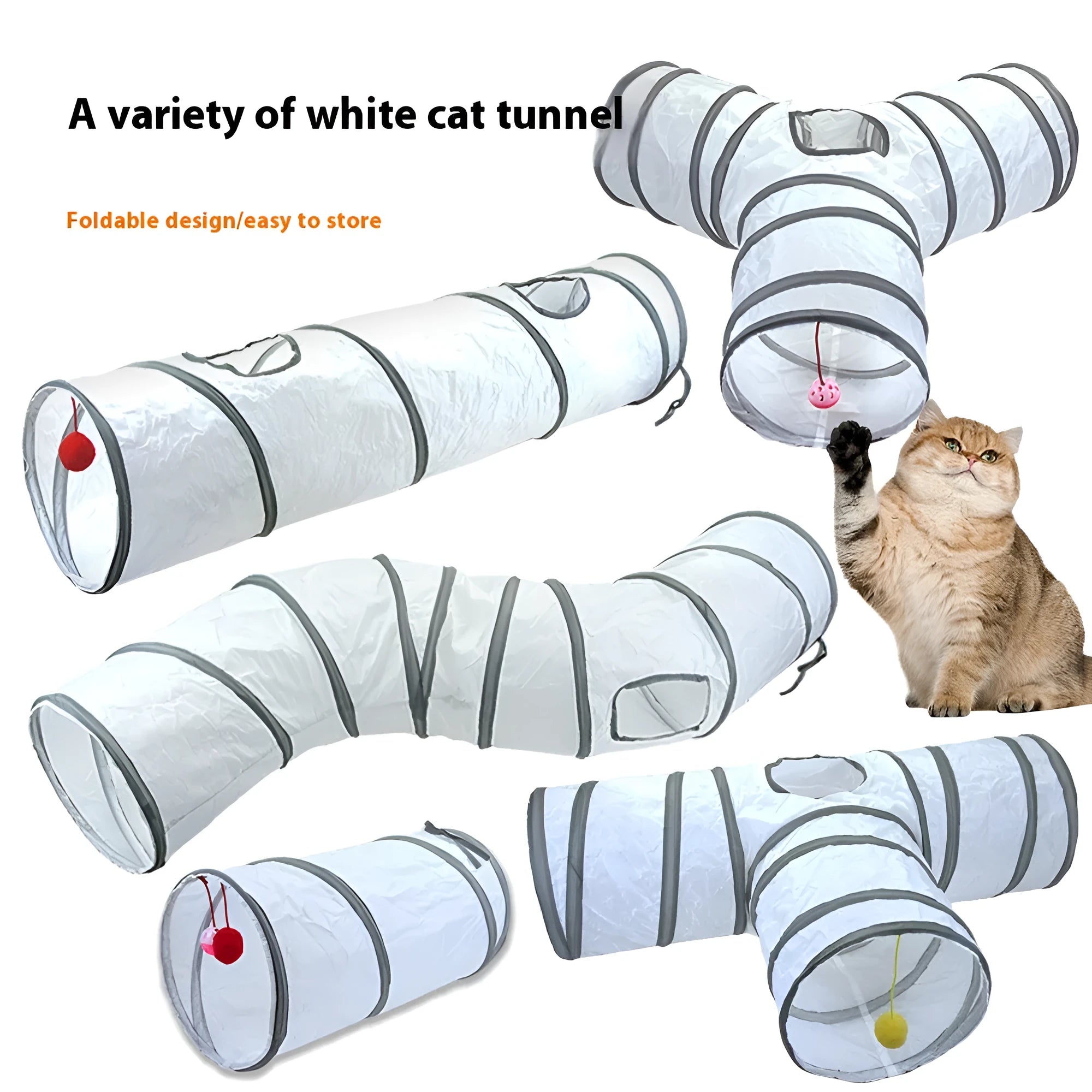 White cat tunnel rolling dragon pet toy made from polyester, shown in White S pass configuration