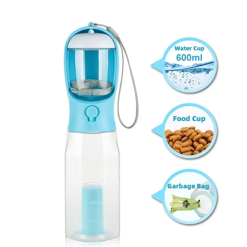Portable 3-in-1 pet water bottle with 600ml capacity, leak-proof drinker, and poop dispenser in pink