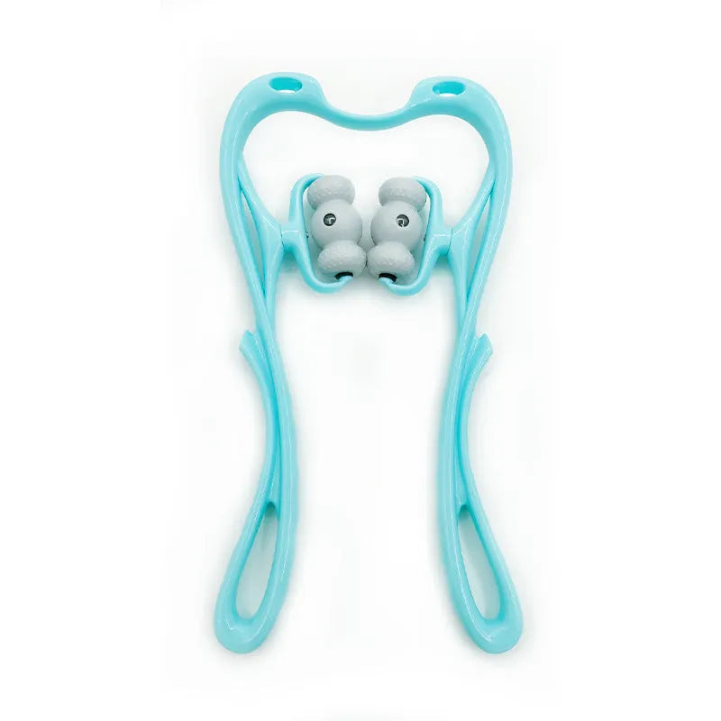 Blue handheld neck massager roller with 96 pressure nodes on a rotating head.
