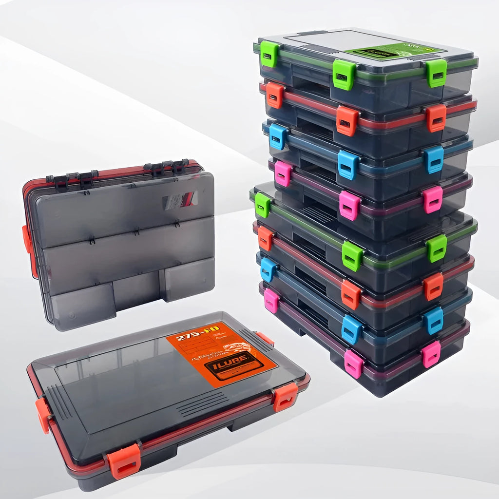 Blue waterproof PP fishing lure storage box with dimensions 275mm long by 180mm wide by 50mm deep.