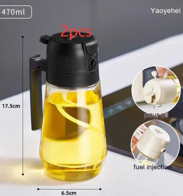 Glass olive oil sprayer dispenser with 470ml capacity and dual spray/pour function