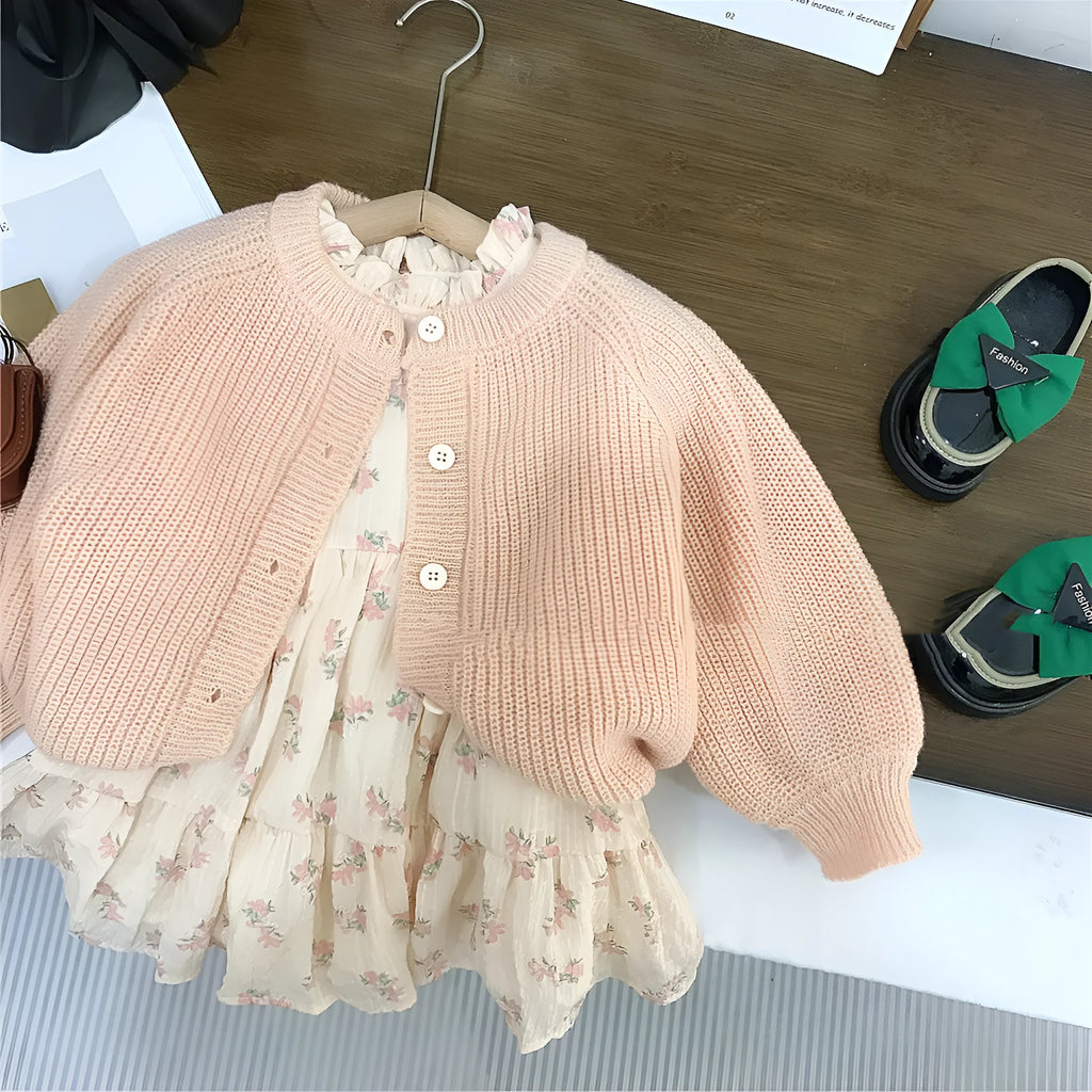 Girls' pink mohair puff sleeve knitted cardigan and orange chiffon dress set, Korean style, sizes 90cm to 140cm