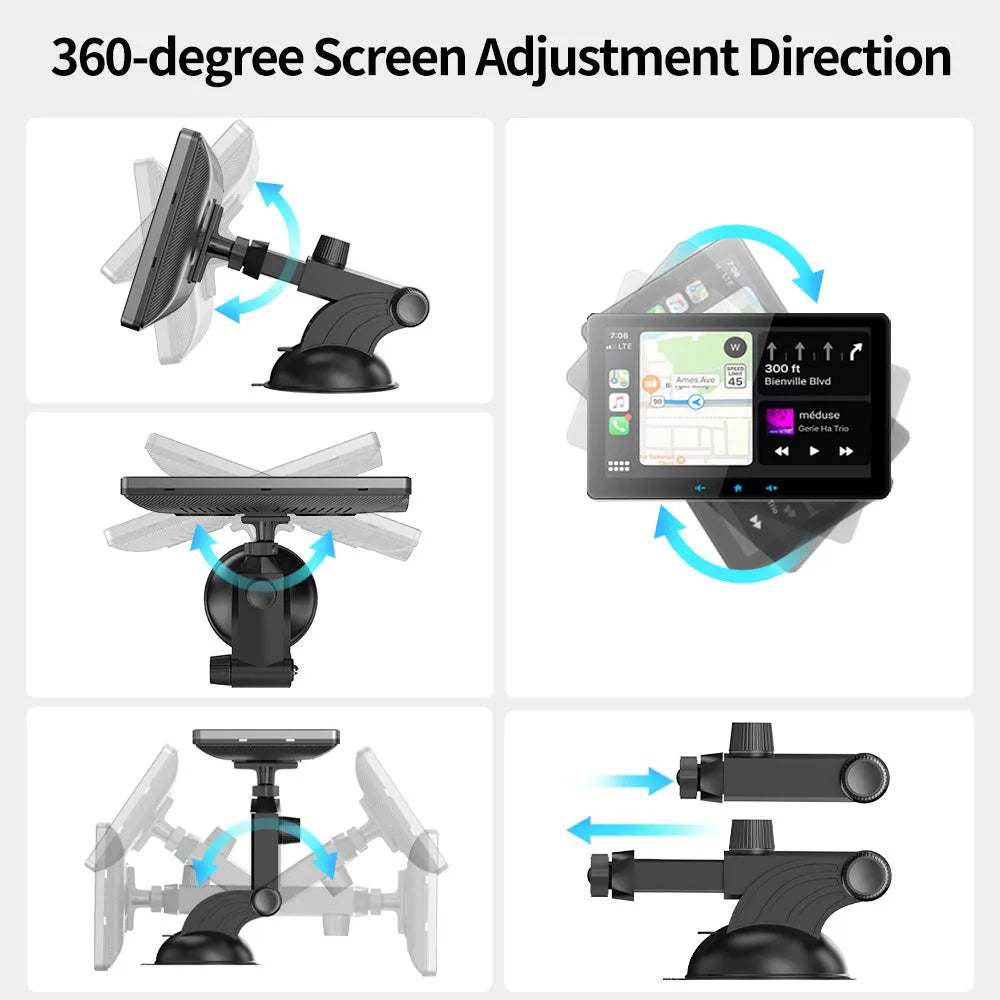 A 7-inch universal wireless CarPlay display with suction cup mount on a car dashboard.