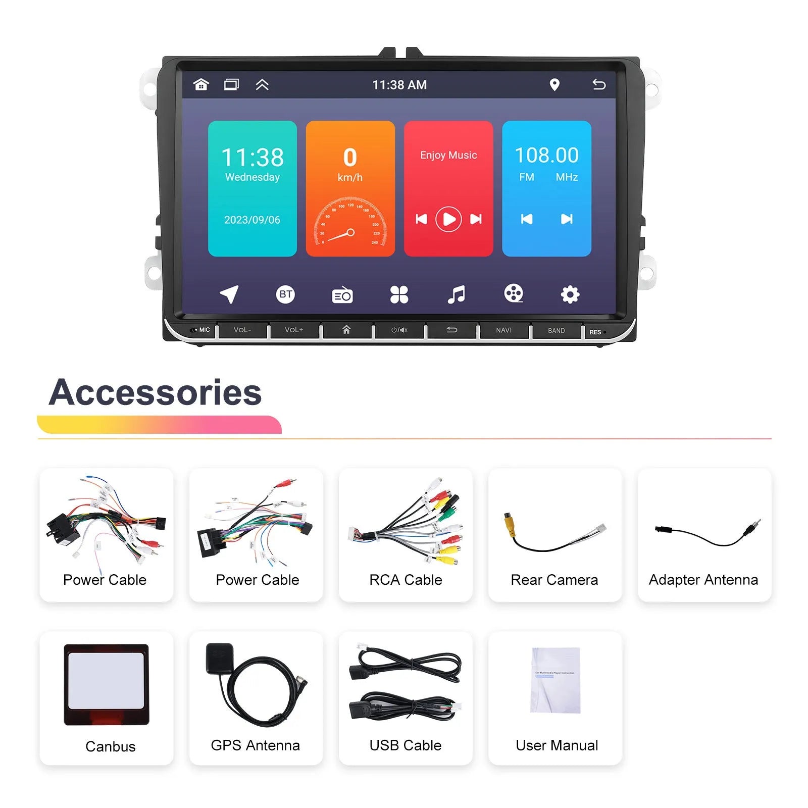 7 inch Android 13 car stereo head unit with touchscreen display for GPS navigation and smartphone mirroring.