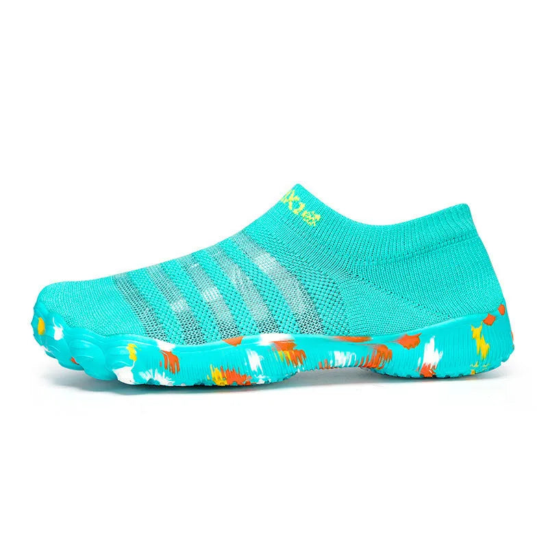 Men's and women's flyknit water shoes in camouflage colours with rubber sole and lace-up front.