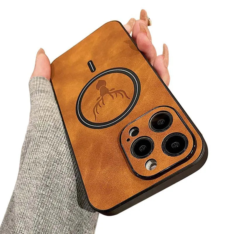 Magnetic sheepskin pattern imitation leather iPhone case in black, shockproof soft shell with anti-fingerprint and heat dissipation functions.