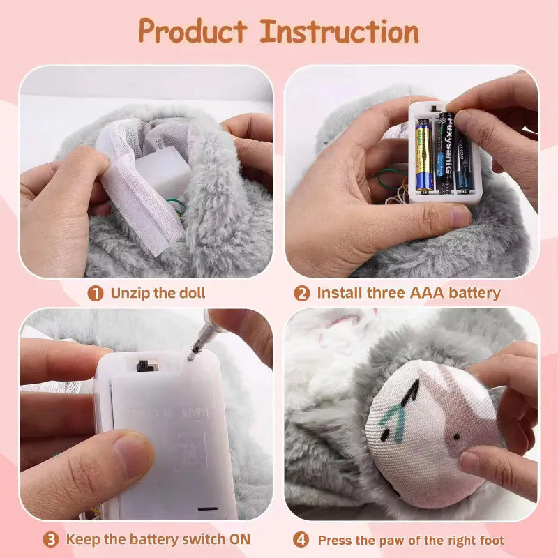 Breathing rabbit plush toy with moving belly and calming features for baby sensory development