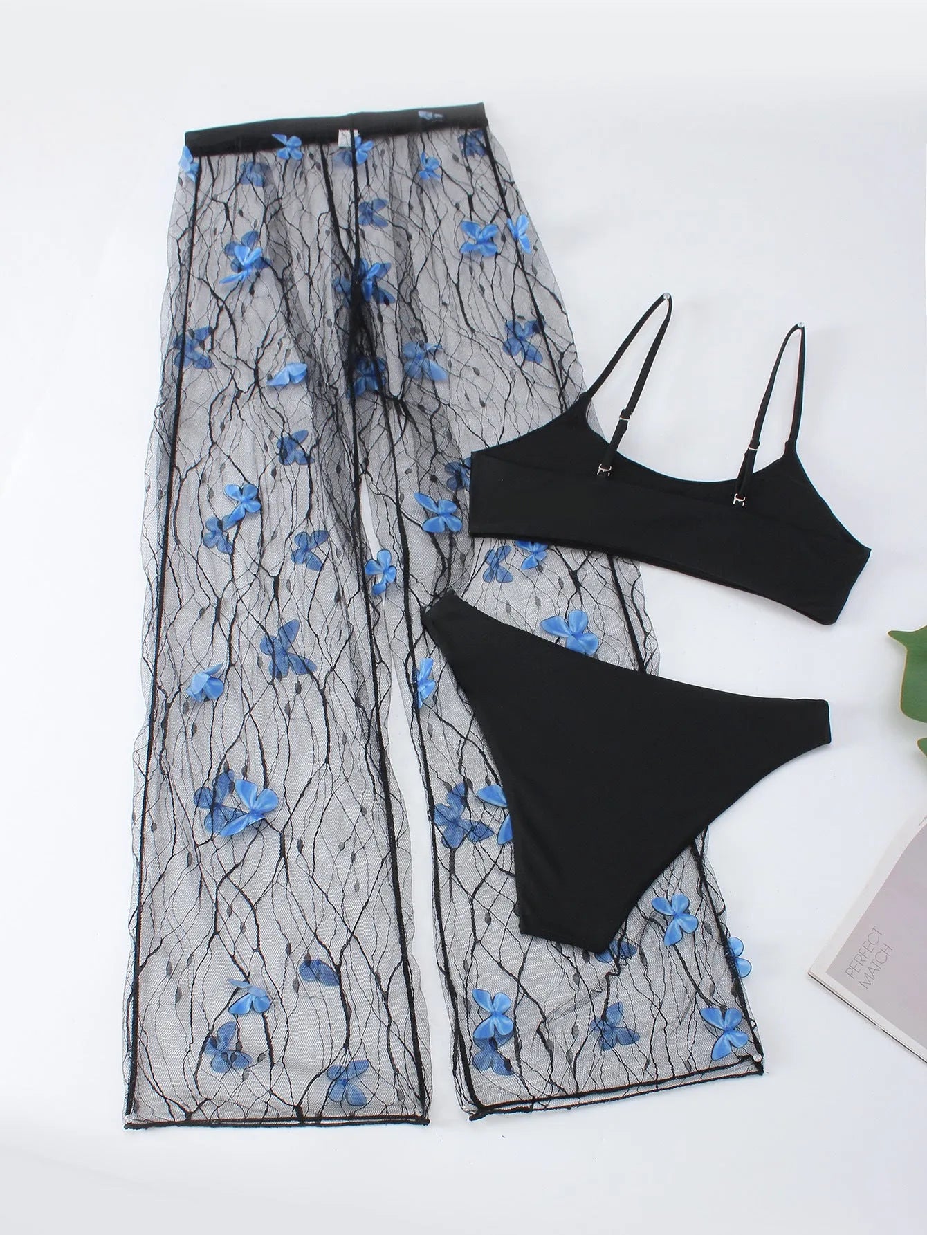 Black voile butterfly pattern women's bikini three-piece set with sheer polyester fabric