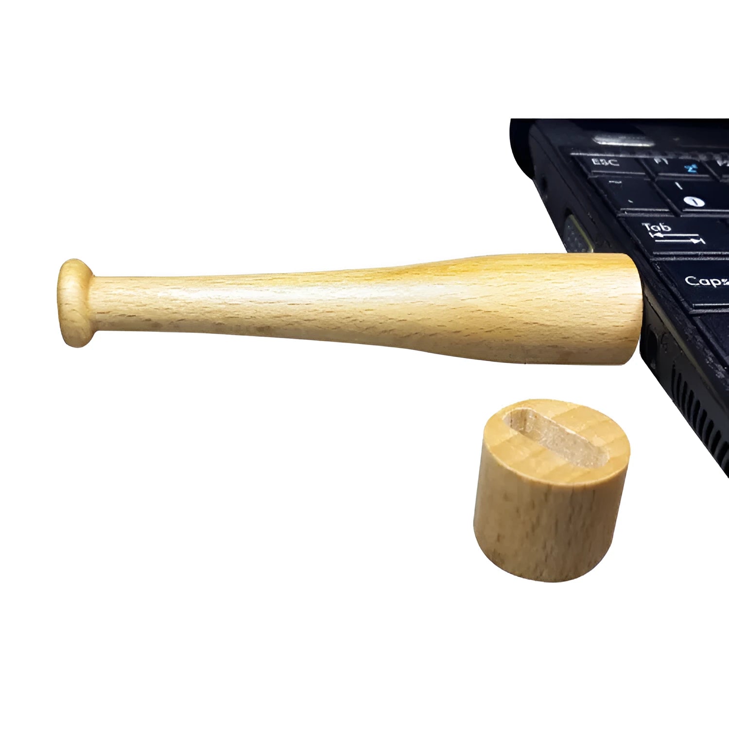 Baseball bat shaped USB flash drive with wood shell, 16GB capacity, black USB plug