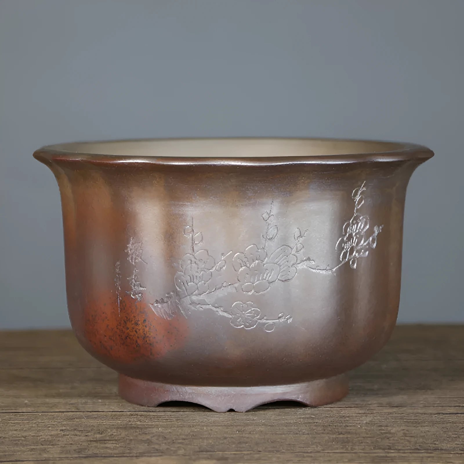 Large antique carved purple sand ceramic flower pot with wood-burning finish for indoor bonsai.