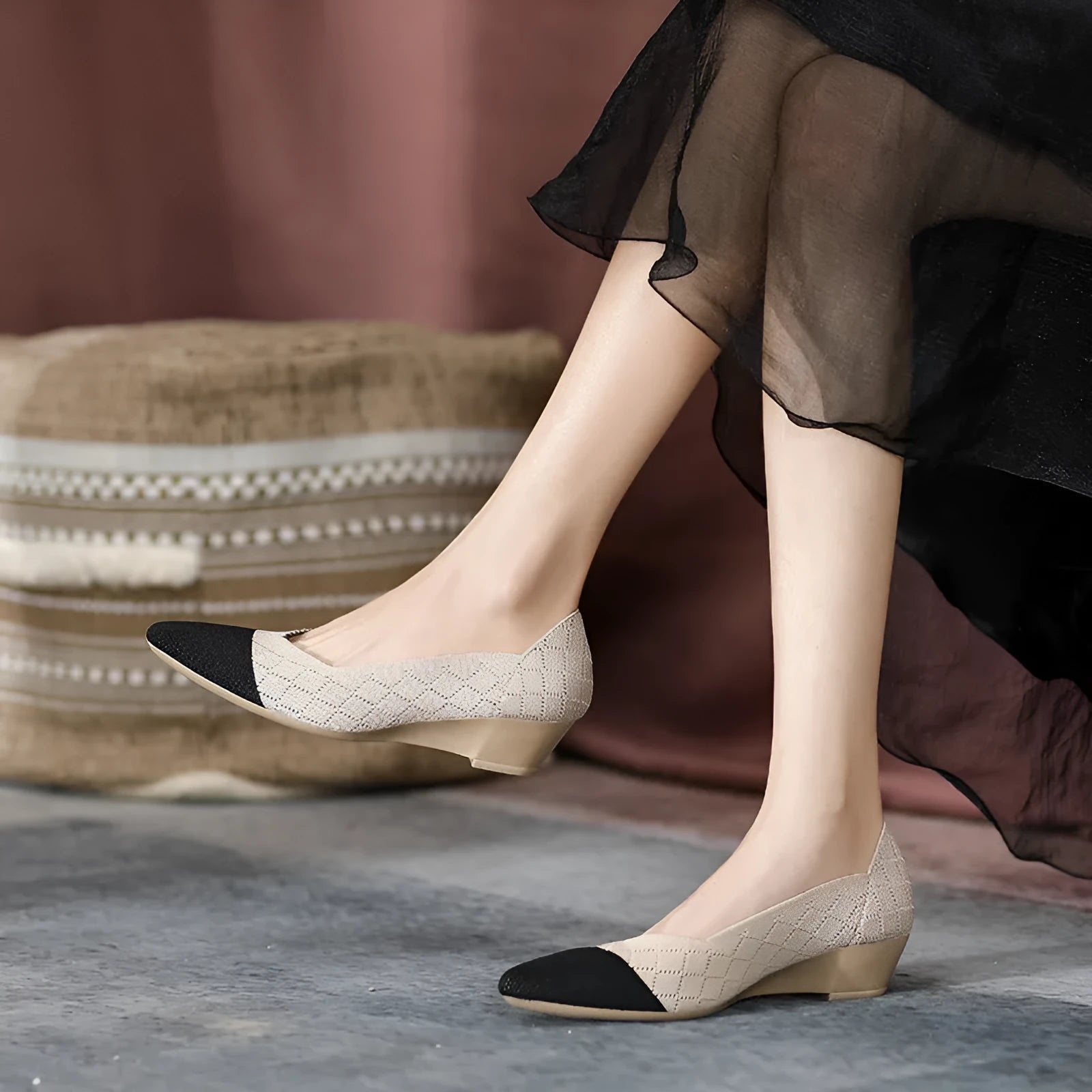 Women's wedge knit casual shoes in flyknit design with a mid heel, shown in multiple colour options.