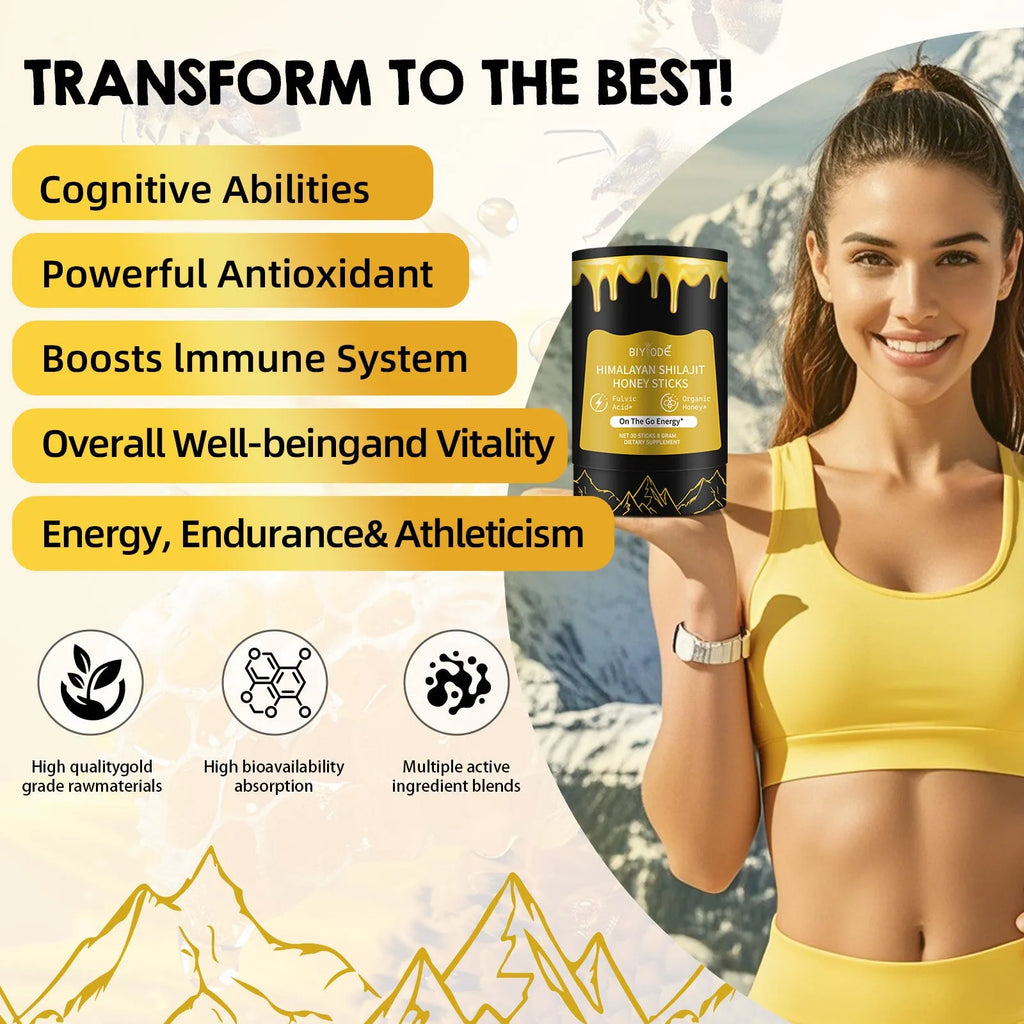 Bottle of 30 shilajit honey sticks with honey, shilajit extract, and saffron for energy support