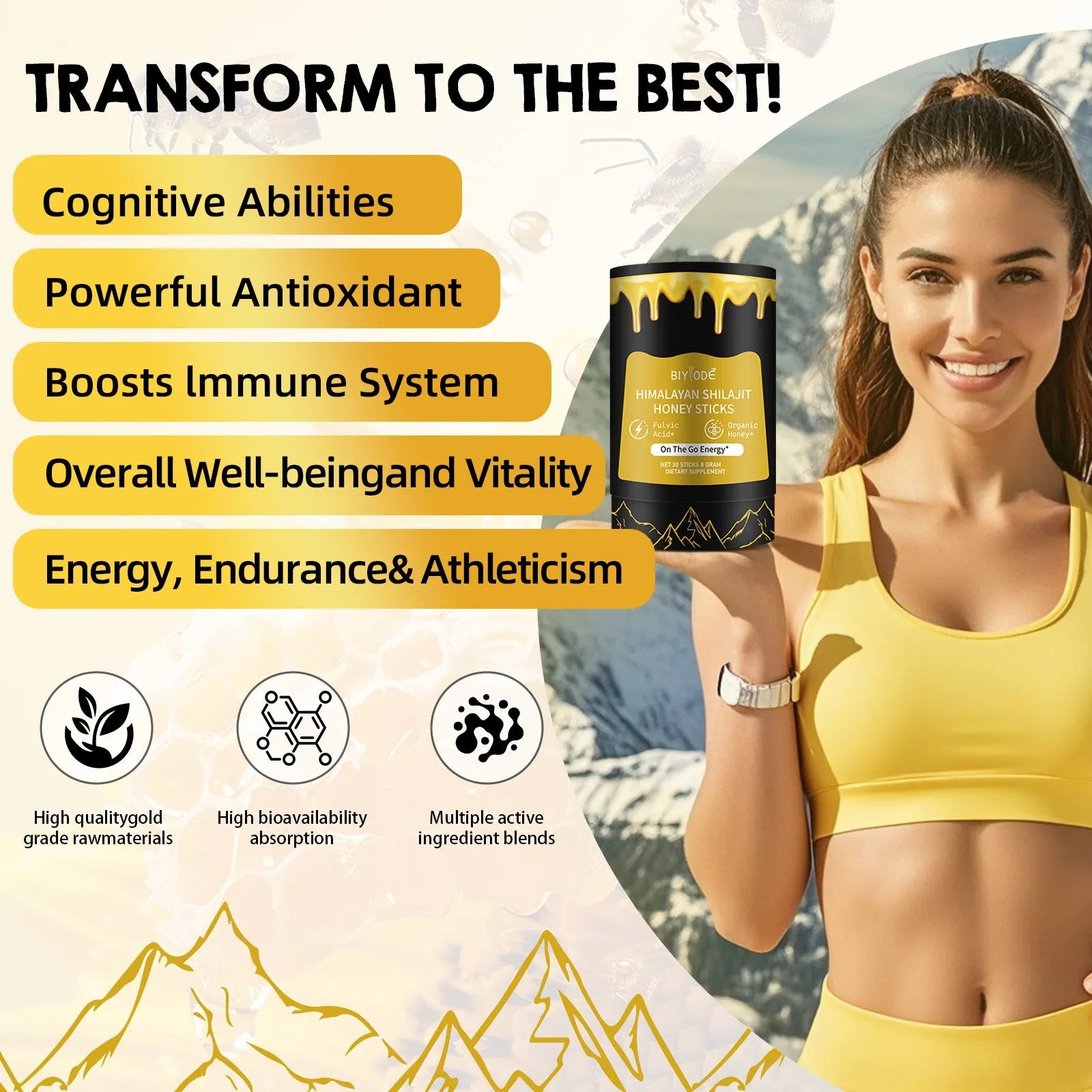 Bottle of 30 shilajit honey sticks with honey, shilajit extract, and saffron for energy support