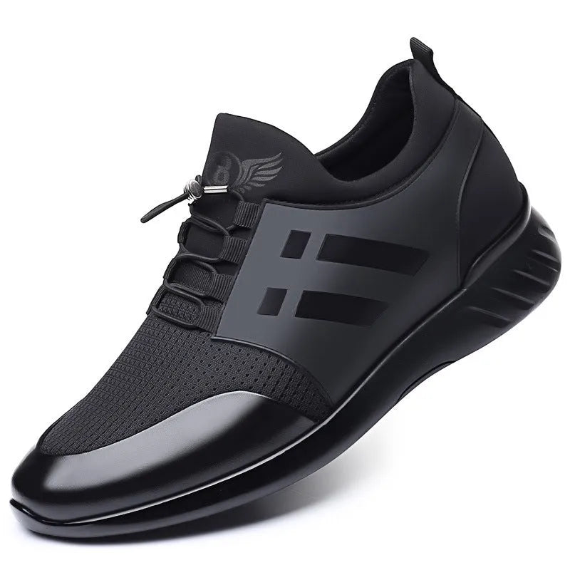 Men's black casual height increasing shoes with chunky heel in leather or mesh upper options