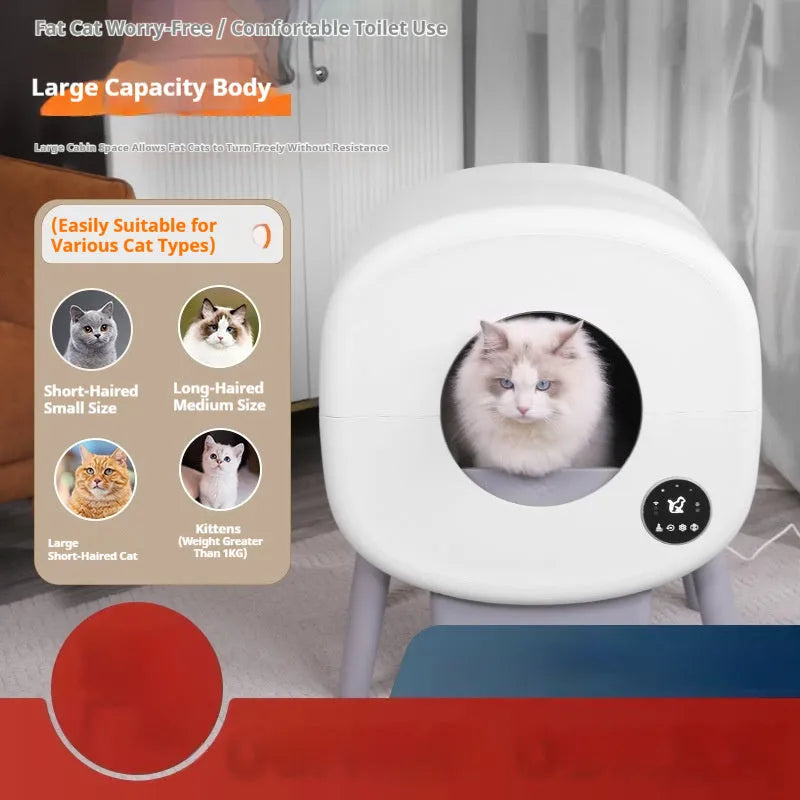 Large grey automatic self-cleaning cat litter box with digital display, showing dimensions of 55cm wide by 64.5cm high.