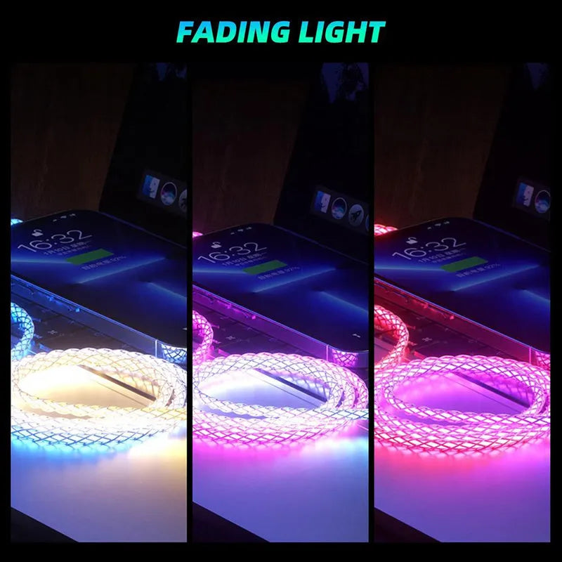 Colourful gradient 3-in-1 USB charging cable with Lightning, Micro USB, and TYPE-C connectors