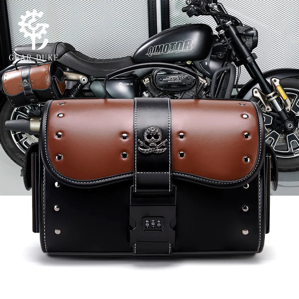 PU leather motorcycle front bag with patchwork design, mounted on handlebars.