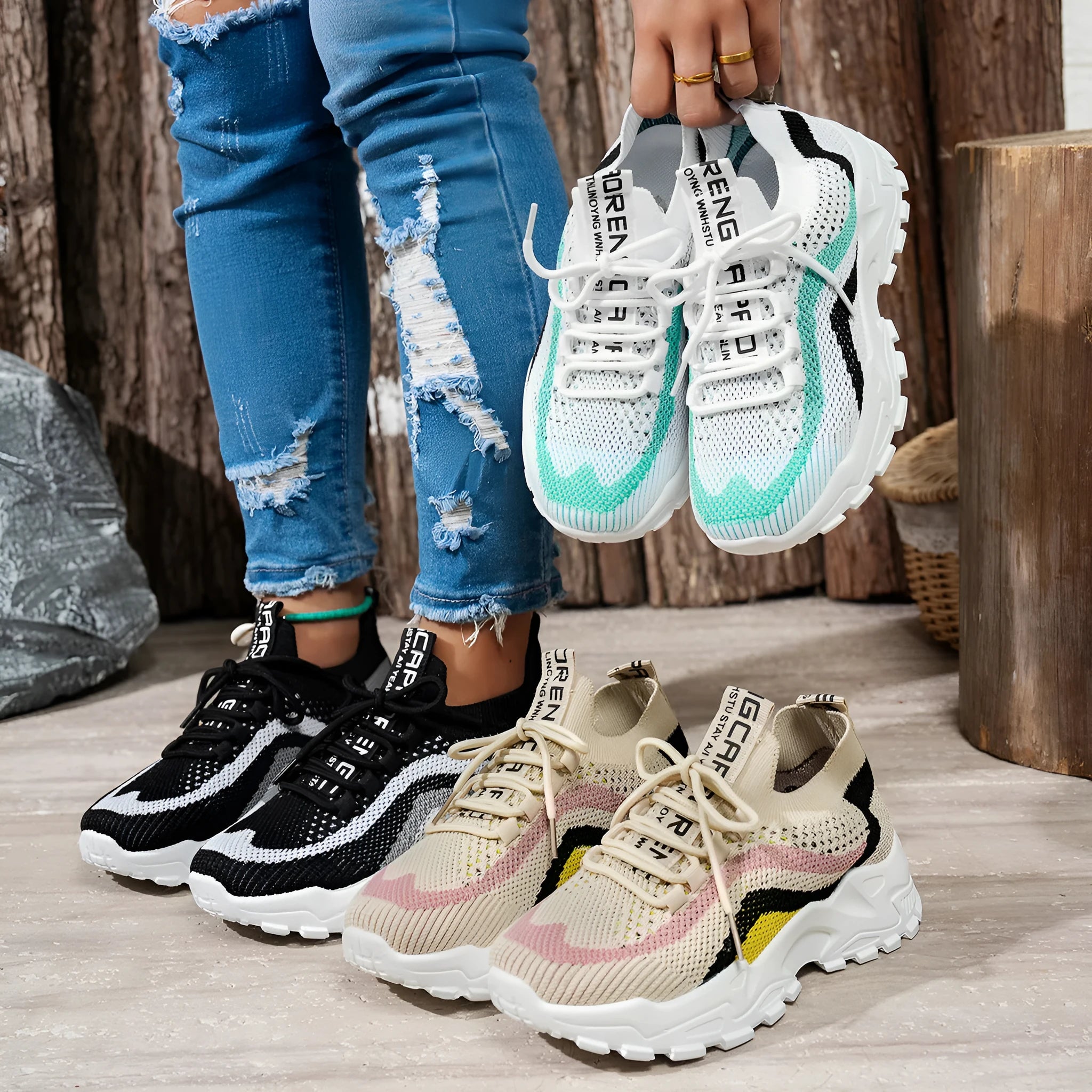 Women's lightweight mesh casual sports shoes with lace-up front in three colour options