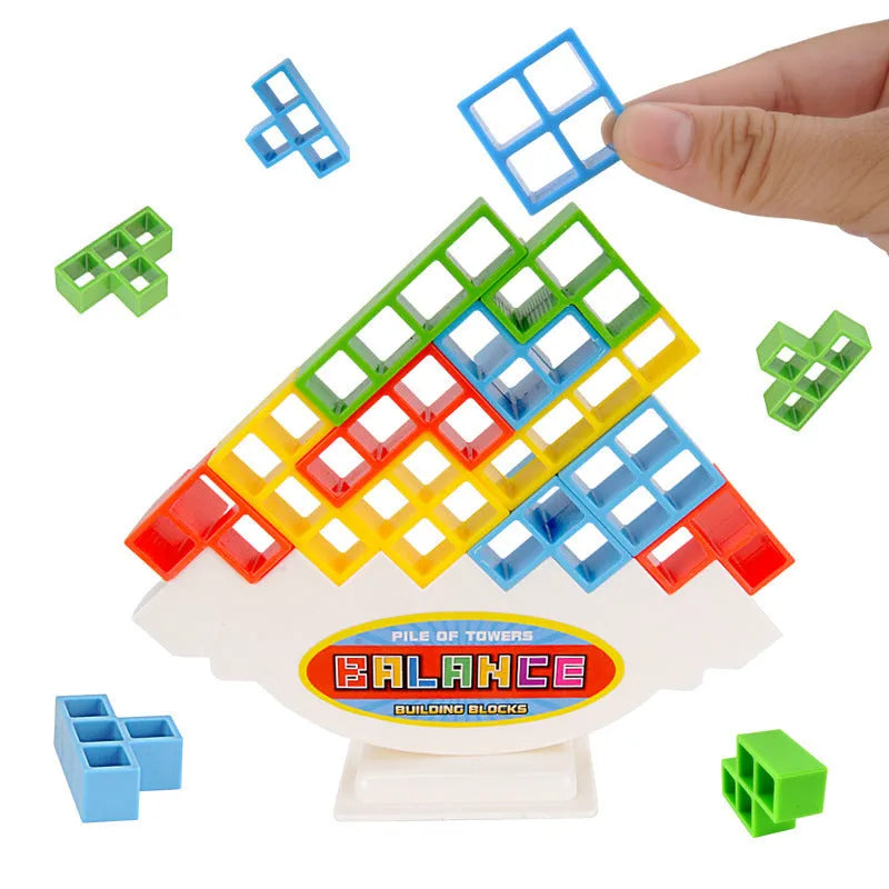 Plastic balance stacking game with coloured blocks, chassis and base for kids and adults