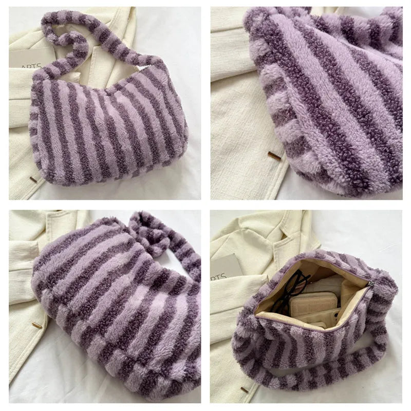 Large-capacity striped plush tote shoulder bag for women in winter, available in multiple colours