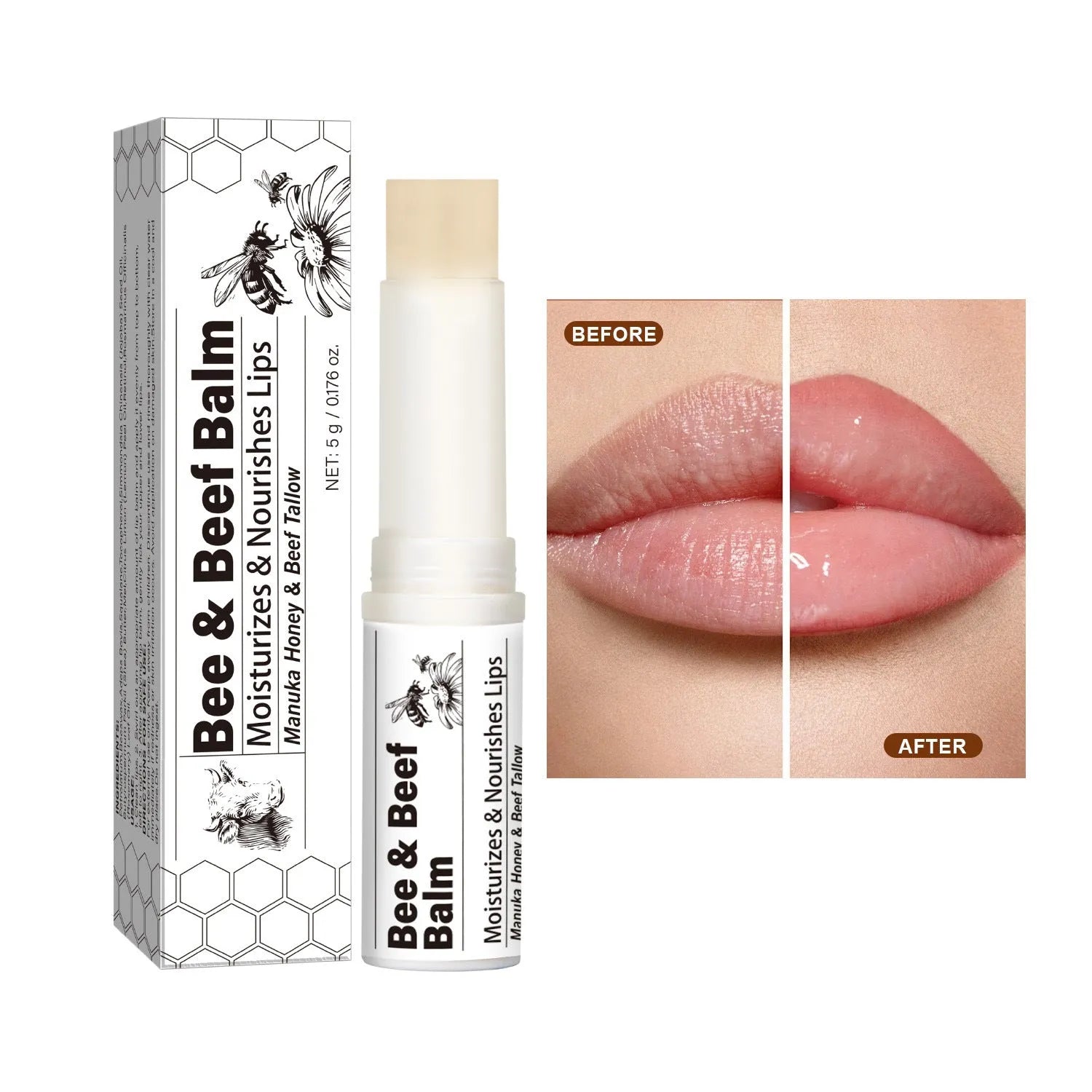 Organic beef fat lip balm stick measuring 83mm long with 5g content