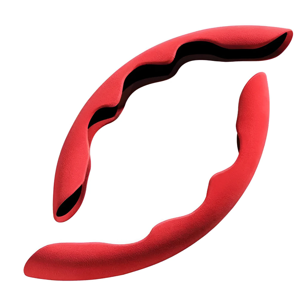 Two plush suede car steering wheel covers in black and red, 38cm diameter, sports style for GM models