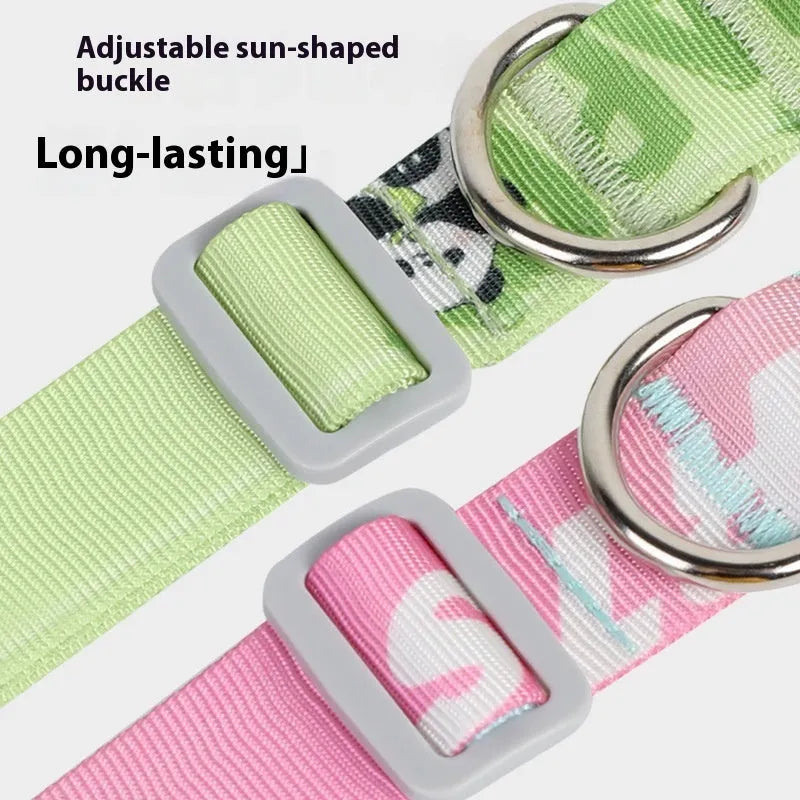 Adjustable nylon dog collar with cartoon gradient print and a black plastic quick-release buckle on a white background.