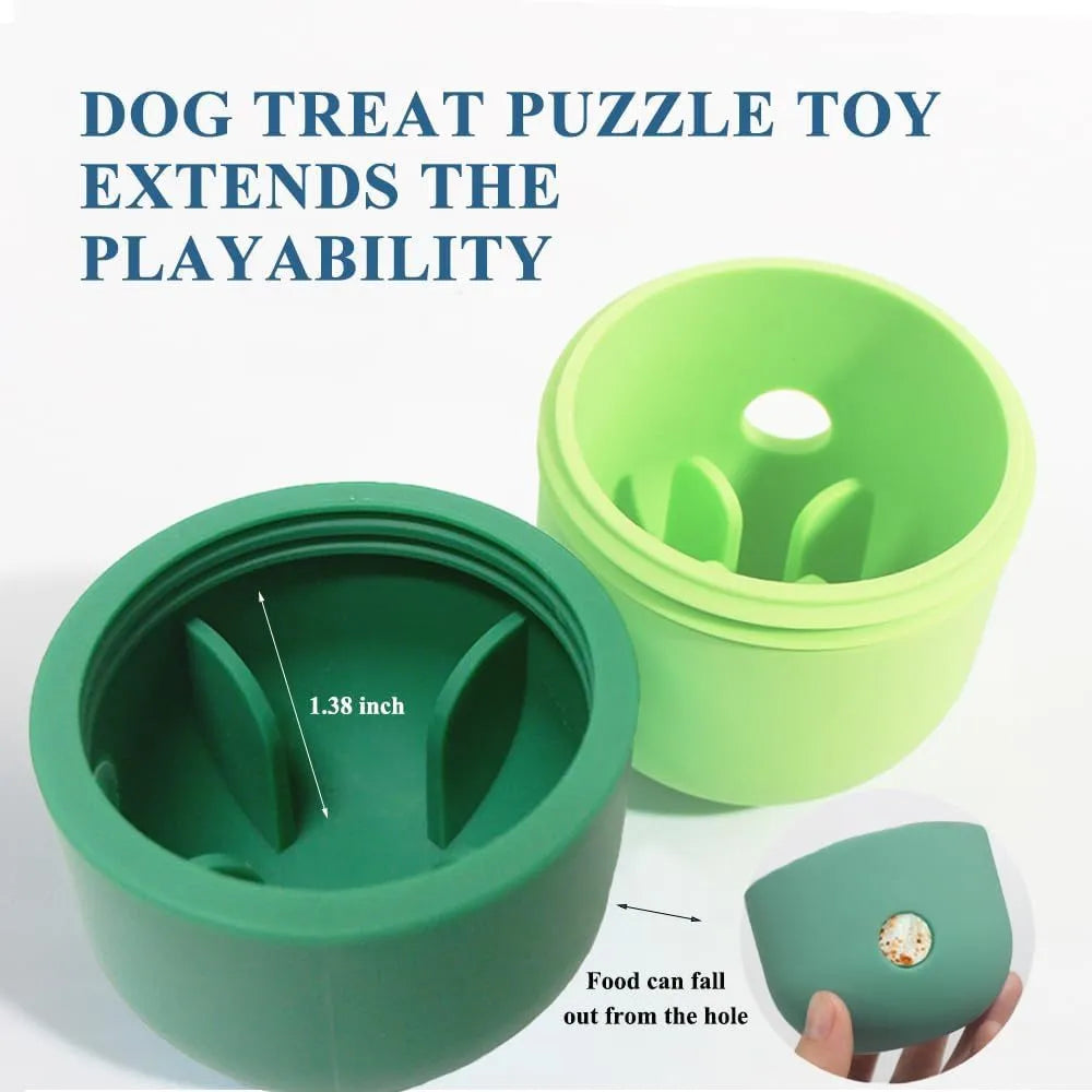 Food grade silicone dog puzzle treat ball in blue and white, shown next to dog treats.