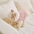 Light pink polyester dog coat shown on a pet, with casual styling and size tags for XS to XL.