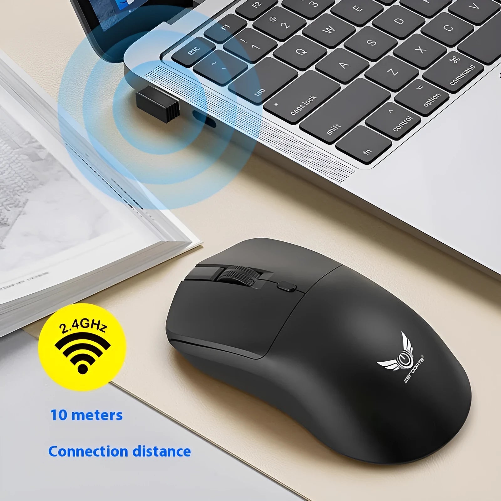 Black wireless computer mouse with three buttons including audio feedback feature