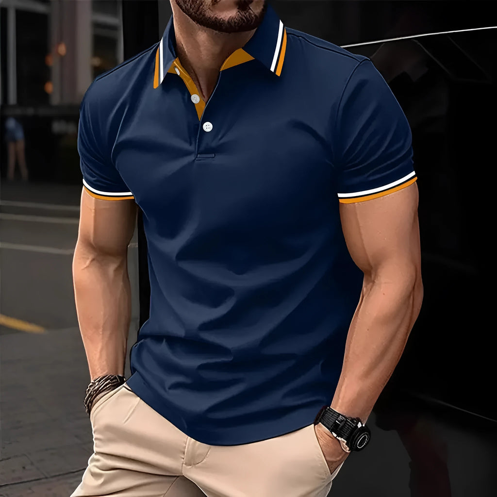 Men's slim-fit ribbed striped lapel button T-shirt in dark blue, made from polyester, summer casual wear.