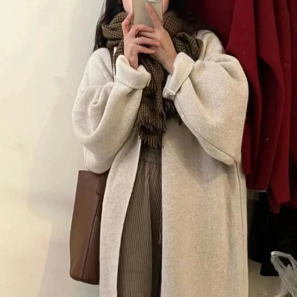 Women's loose knitted cardigan coat with long sleeves and splicing, free size, in black, apricot, pink, brown or camel