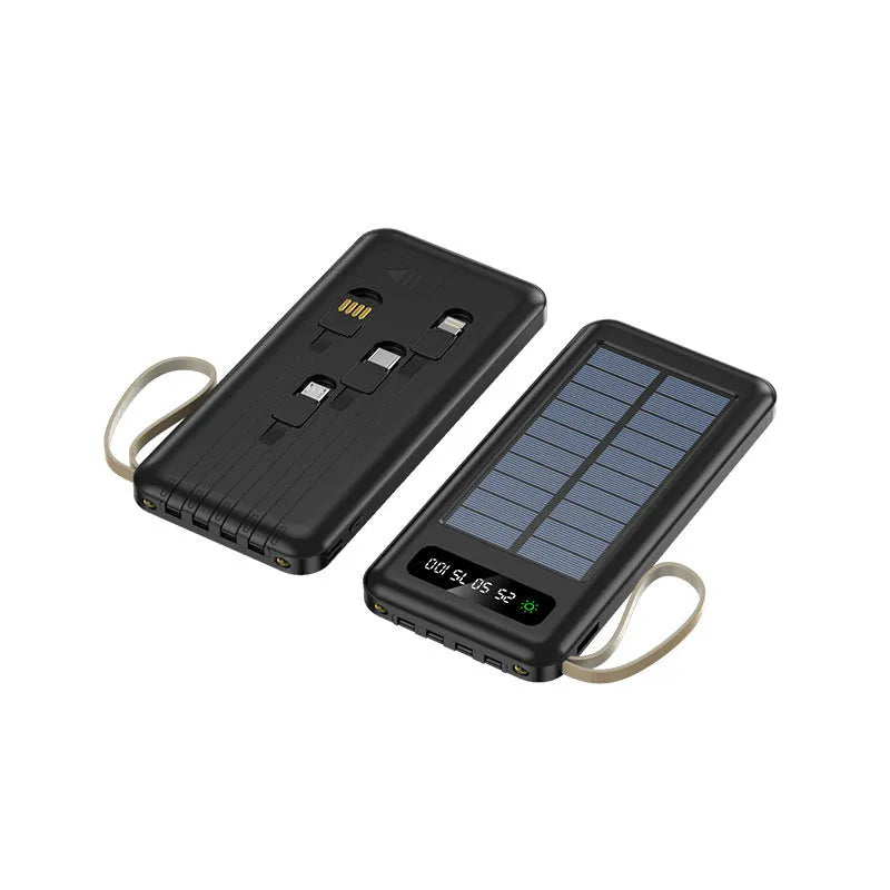 Black and white solar power bank showing front solar panel, dimensions 144mm x 68mm x 16mm, with included USB cable.