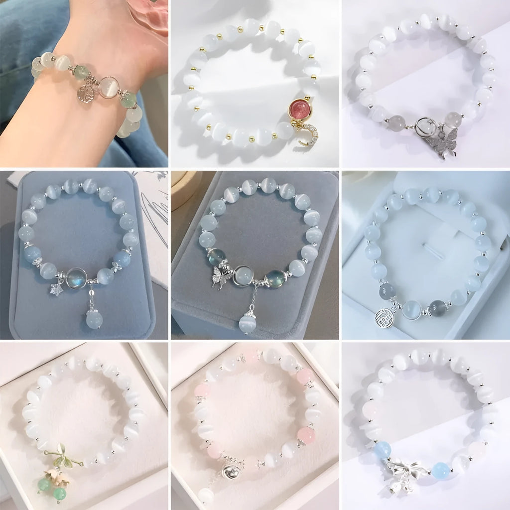 Women's opal beaded bracelet with diamond-shaped cat's eye stones in multiple colour options