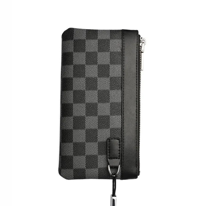 Black men's leather clutch wallet showing plaid lining, closed view