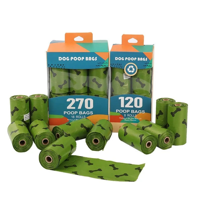 Military green degradable dog poop bags with black bone print measuring 23x33cm