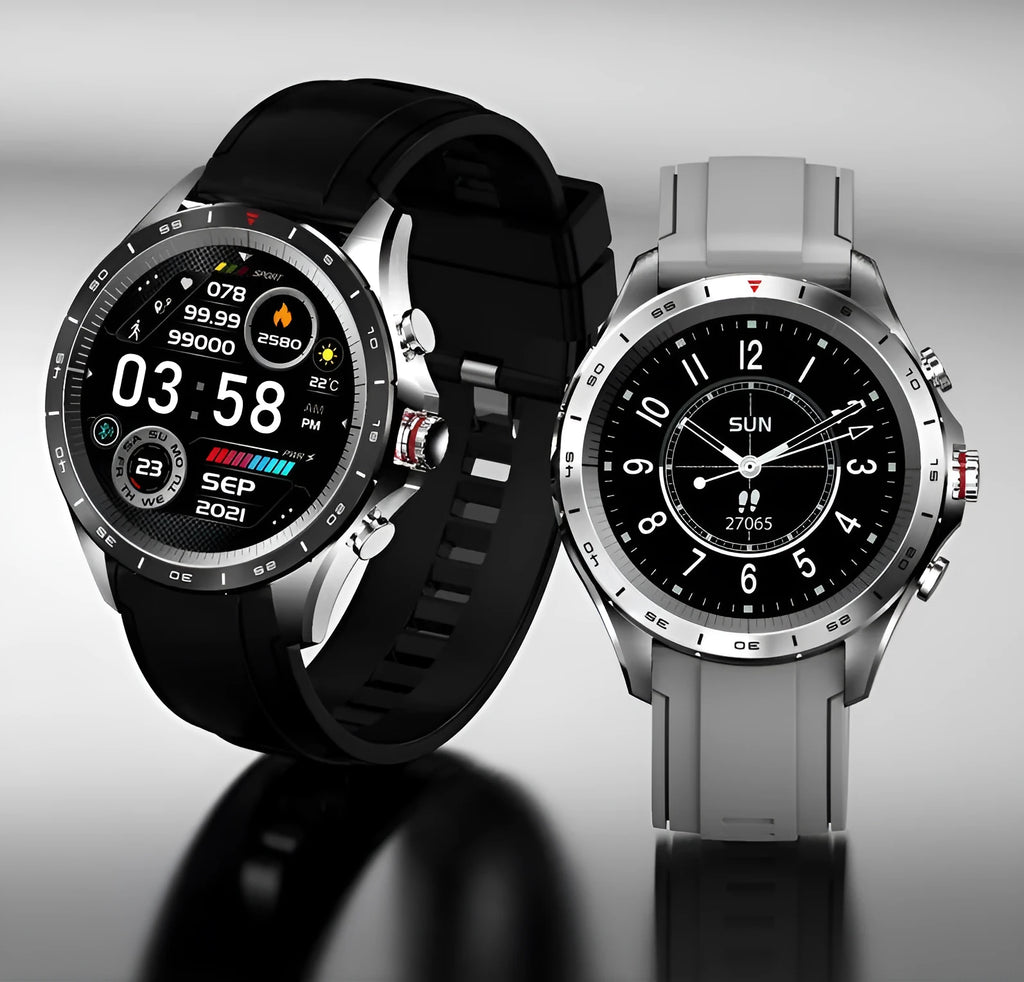 Men's black smart bracelet watch with zinc alloy case and silicone wristband on a wrist.