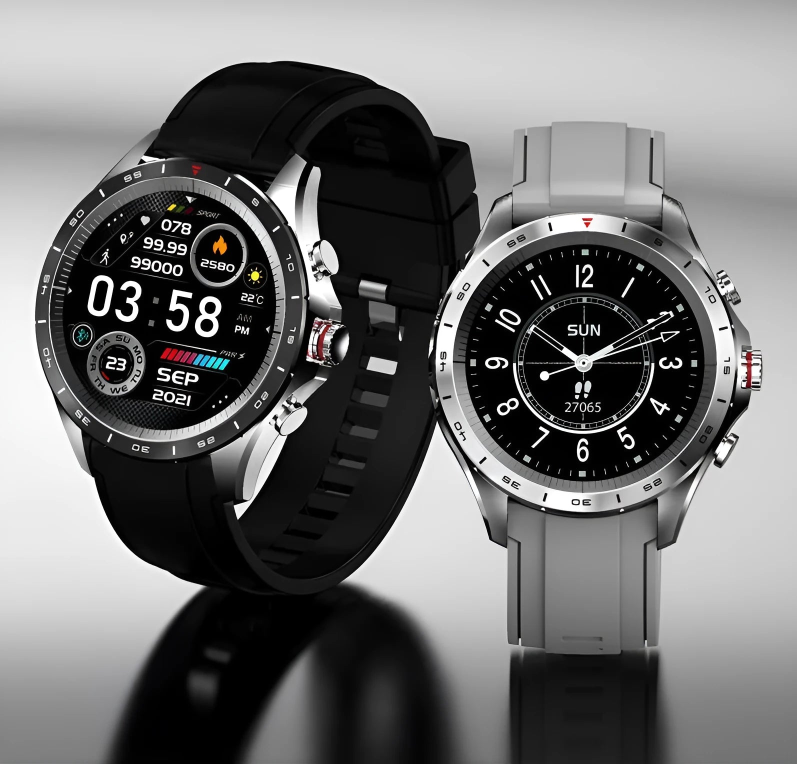 Men's black smart bracelet watch with zinc alloy case and silicone wristband on a wrist.