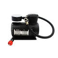 Black plastic 12V mini car air pump for tyre inflation measuring 13.5cm long