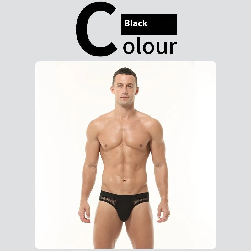 Men's low-waist solid colour briefs in high elastic mesh fabric, shown in multiple colours.