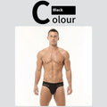 Men's low-waist solid colour briefs in high elastic mesh fabric, shown in multiple colours.
