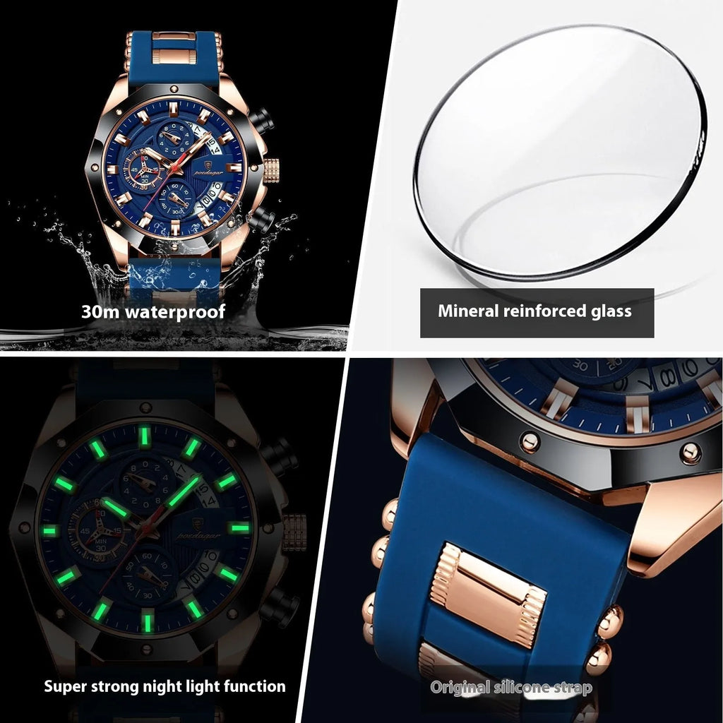Men's sports chronograph watch with a diamond-shaped dial on a silicone strap, shown in rose gold and blue colour option.