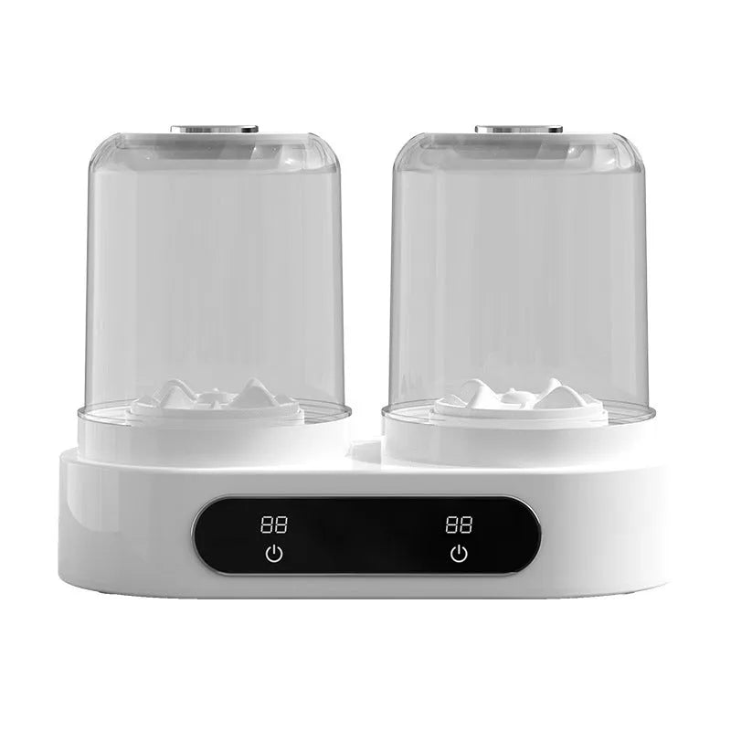 White double bucket USB-powered mini washing machine with two lids and a mechanical timer dial.